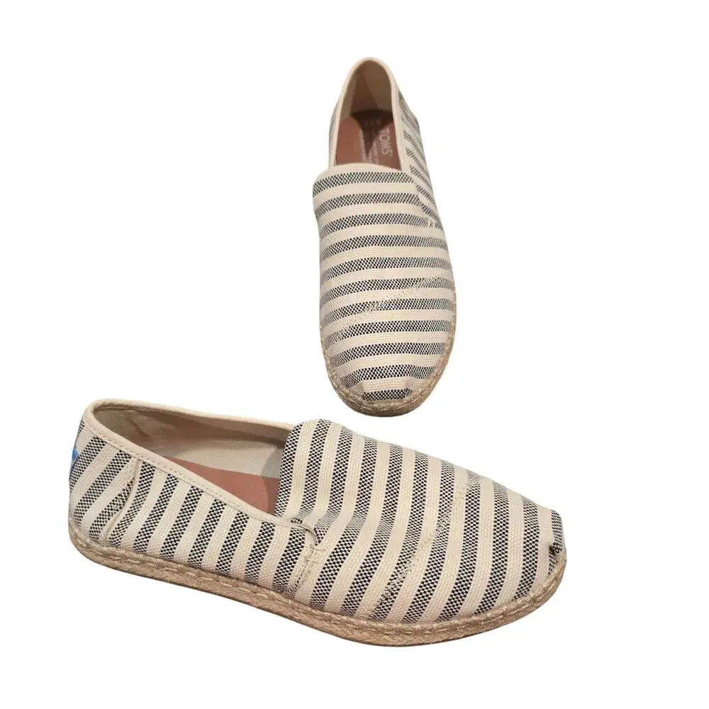Women's TOMS Espadrilles Slip On Shoes Black Cream Striped | Size 6.5